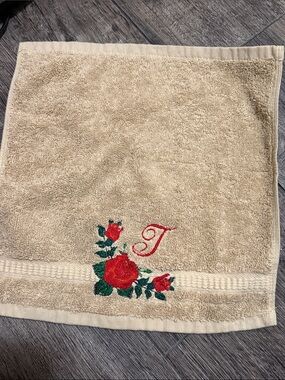 Beige Hand Towel with Red Rose Embroidery and Monogram